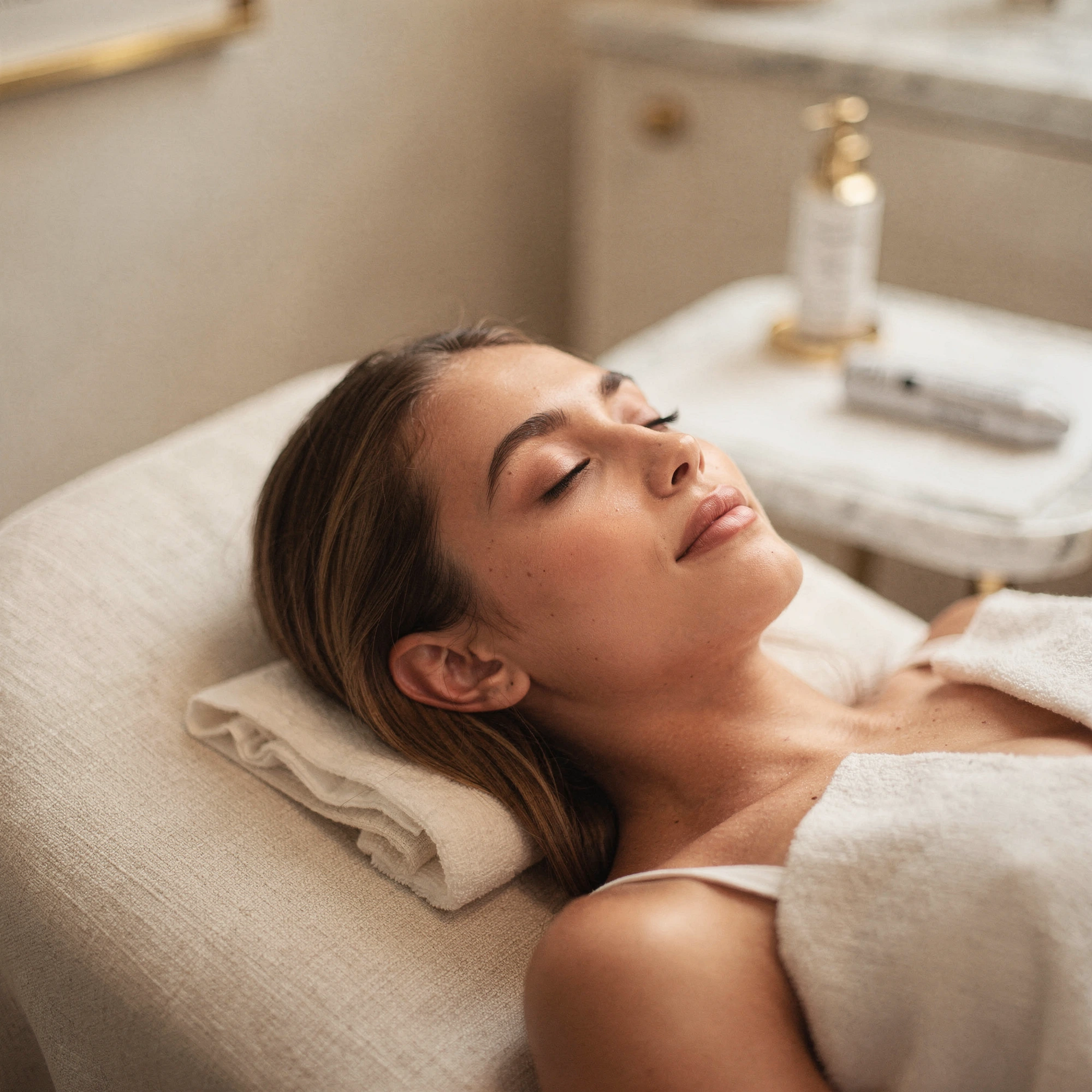 Patient relaxing on treatment bed during microneedling procedure at Natural Beauty Fifth Avenue